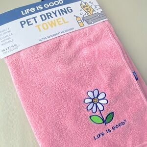 Life Is Good Pink Pet Towel with Flower Embroidery